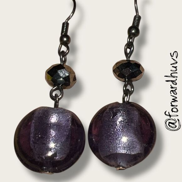 Handmade Purple Foiled Lampwork Glass Bead Earrings - Picture 1 of 6